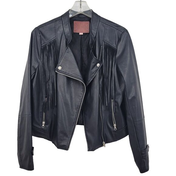 Miss London Womens Black Vegan Leather Jacket Size L Fringe Motorcycle Biker - Picture 2 of 10